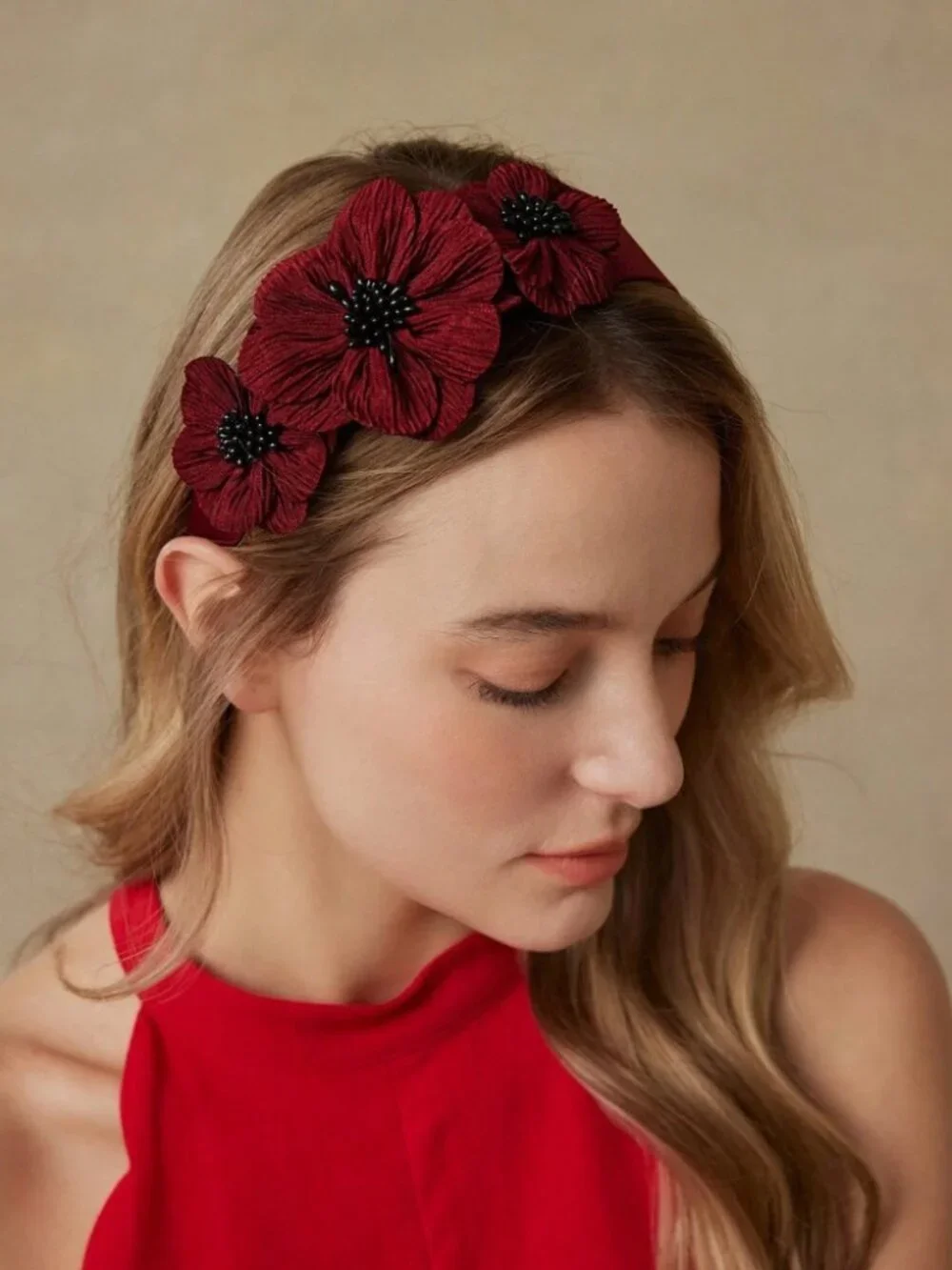 Burgundy Floral Headband with Black Beaded Centers